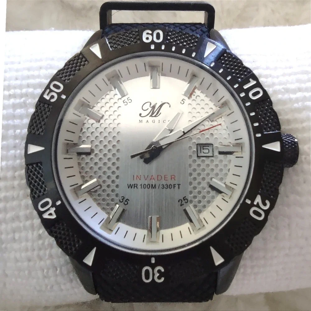 Magico Invader Mens Watch Silver Dial Swiss Made Black Silicone 413128394 100M